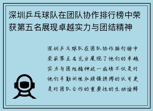 深圳乒乓球队在团队协作排行榜中荣获第五名展现卓越实力与团结精神
